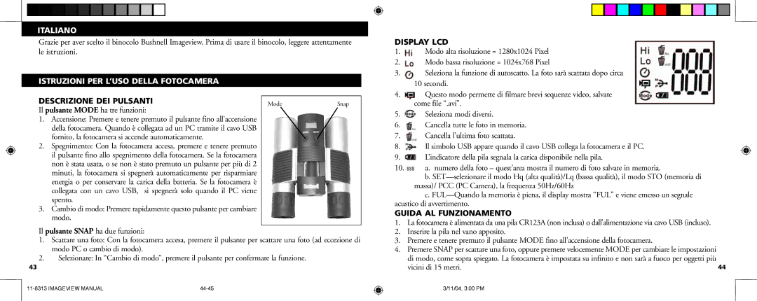 Bushnell 11-8313 manual Italiano, Display LCD, Istruzioni PER L’USO Della Fotocamera, Descrizione DEI Pulsanti 