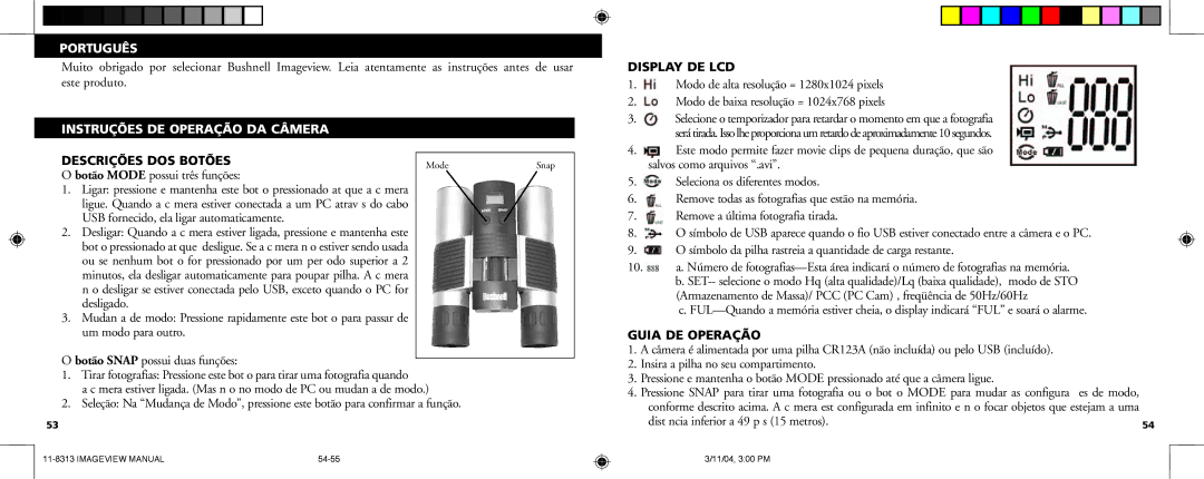 Bushnell 11-8313 Português, Instruções DE Operação DA Câmera, Descrições DOS Botões, Display DE LCD, Guia DE Operação 