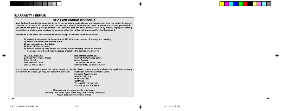 Bushnell 11-8313 manual Warranty / Repair, TWO-YEAR Limited Warranty, U.S.A. Send to Canada Send to 