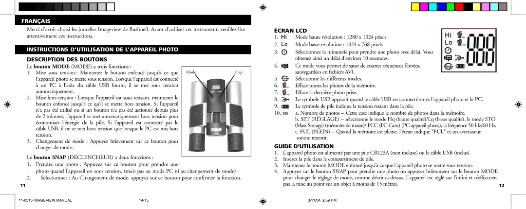 Bushnell 11-8313 manual Français, Écran LCD, Guide D’UTILISATION, Pas la mise au point sur un objet à moins de 15 mètres 