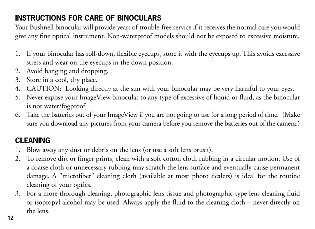 Bushnell 11-8321 manual Instructions for Care of Binoculars, Cleaning 