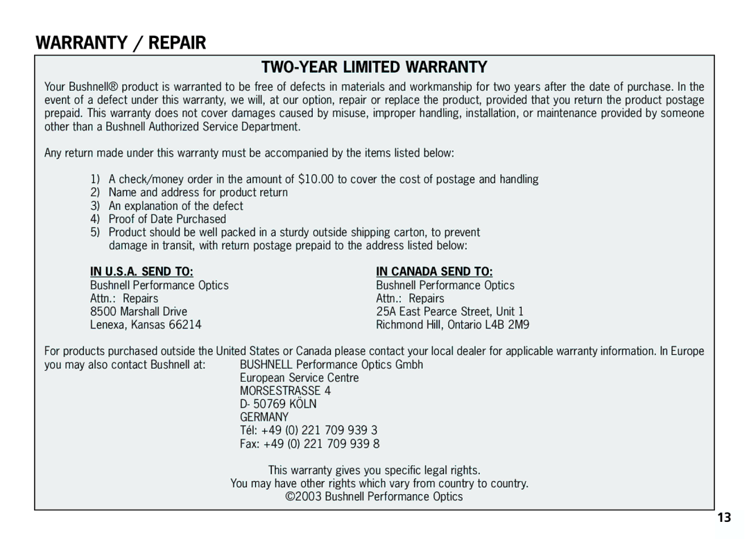 Bushnell 11-8321 manual Warranty / Repair, TWO-YEAR Limited Warranty 