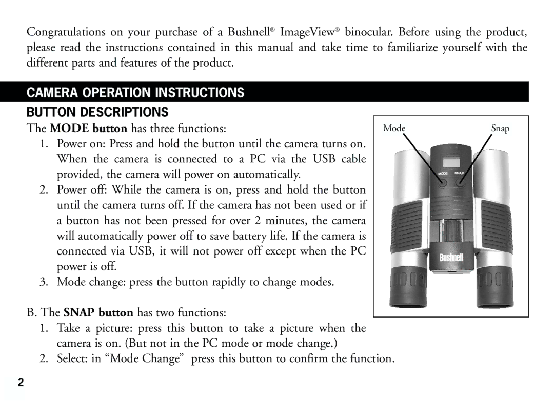 Bushnell 11-8321 manual Camera Operation Instructions, Button Descriptions 