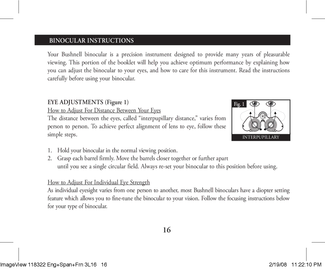 Bushnell 11-8322G instruction manual Binocular Instructions 