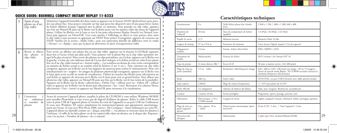 Bushnell 11-8323 instruction manual Caractéristiques techniques, Clip vidéo 