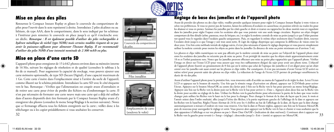 Bushnell 11-8323 instruction manual Mise en place des piles, Mise en place d’une carte SD, Piles installées 