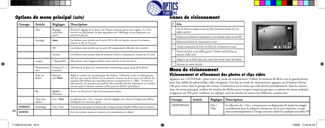 Bushnell 11-8323 Icônes de visionnement, Menu de visionnement, Visionnement et effacement des photos et clips vidéo 