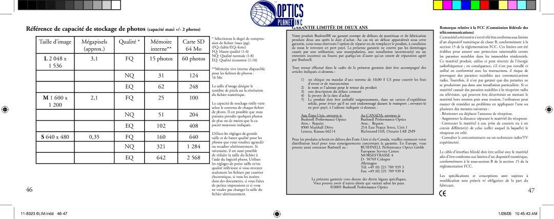 Bushnell 11-8323 instruction manual Mégapixels Qualité Mémoire Carte SD, Interne, Photos 