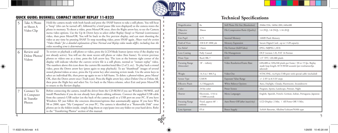 Bushnell 11-8323 instruction manual Technical Speciﬁcations 