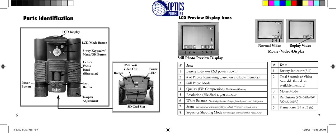 Bushnell 11-8323 LCD Preview Display Icons, Normal Video, Movie VideoDisplay, Still Photo Preview Display 