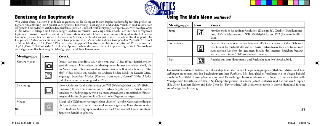 Bushnell 11-8323 instruction manual Benutzung des Hauptmenüs, Menügruppe Icon Zweck 