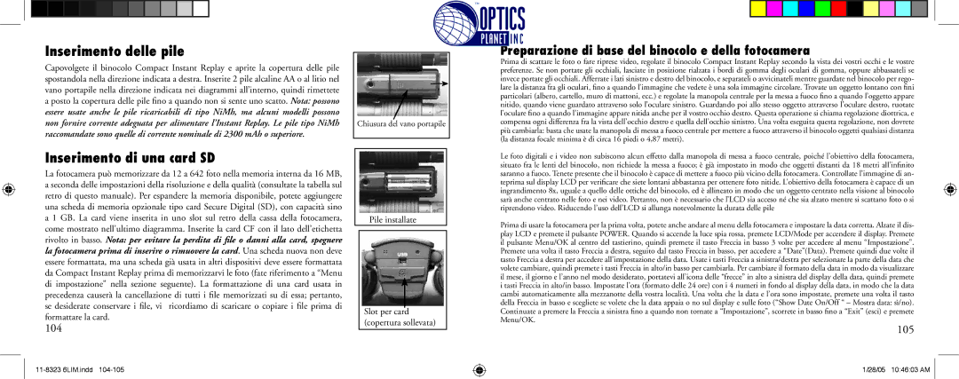 Bushnell 11-8323 Inserimento delle pile, Inserimento di una card SD, Preparazione di base del binocolo e della fotocamera 