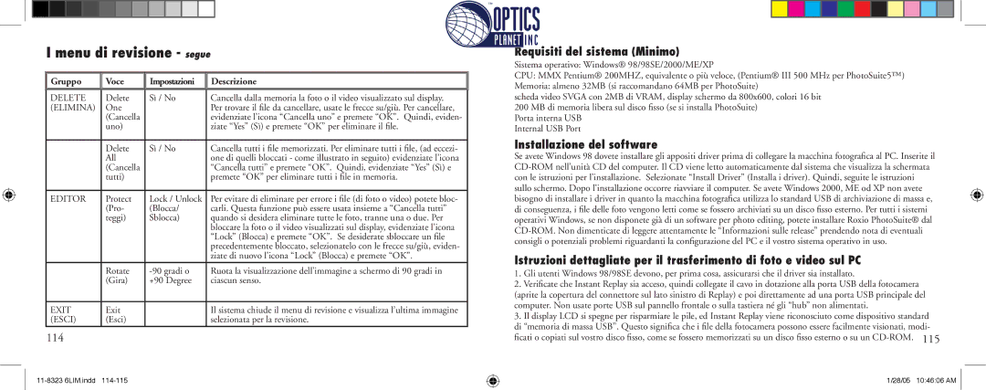 Bushnell 11-8323 instruction manual Menu di revisione segue, 114, Requisiti del sistema Minimo, Installazione del software 