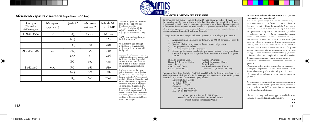 Bushnell 11-8323 Riferimenti capacità e memoria capacità max +/- 2 foto, 118, 119, Campo Megapixel Qualità Memoria 