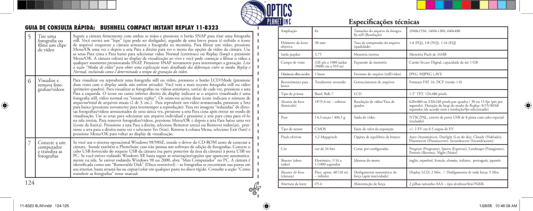 Bushnell 11-8323 instruction manual Especiﬁcações técnicas, 124 