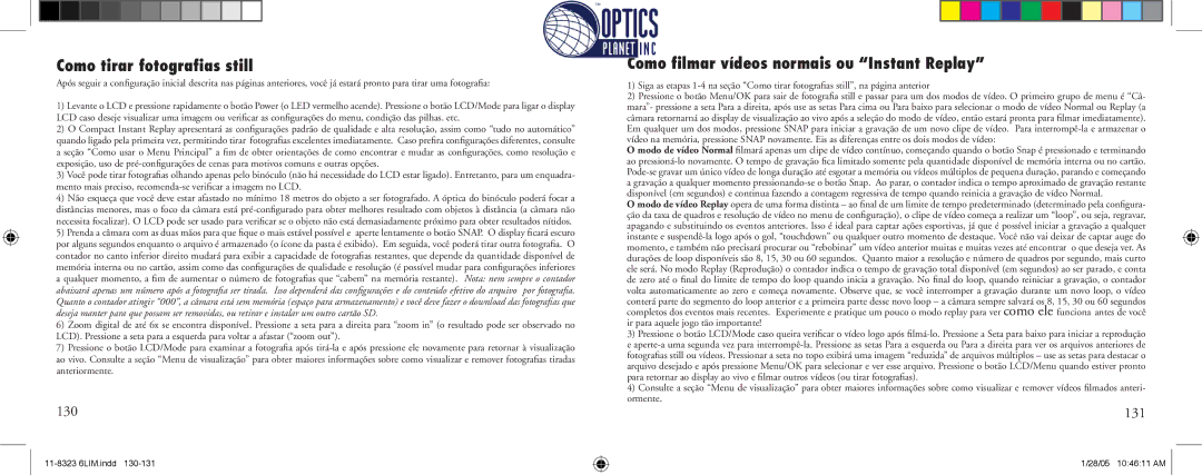 Bushnell 11-8323 instruction manual Como tirar fotograﬁas still, Como ﬁlmar vídeos normais ou Instant Replay, 130, 131 