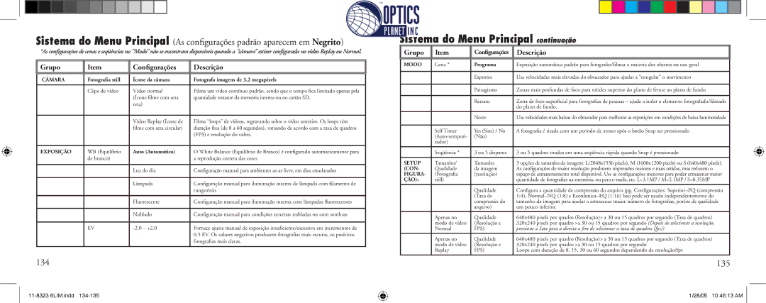 Bushnell 11-8323 instruction manual Sistema do Menu Principal continuação, 134, 135 