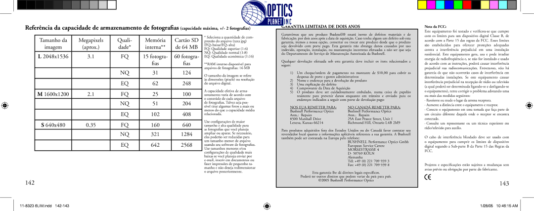 Bushnell 11-8323 instruction manual 142, 143, Megapixels Quali Memória 