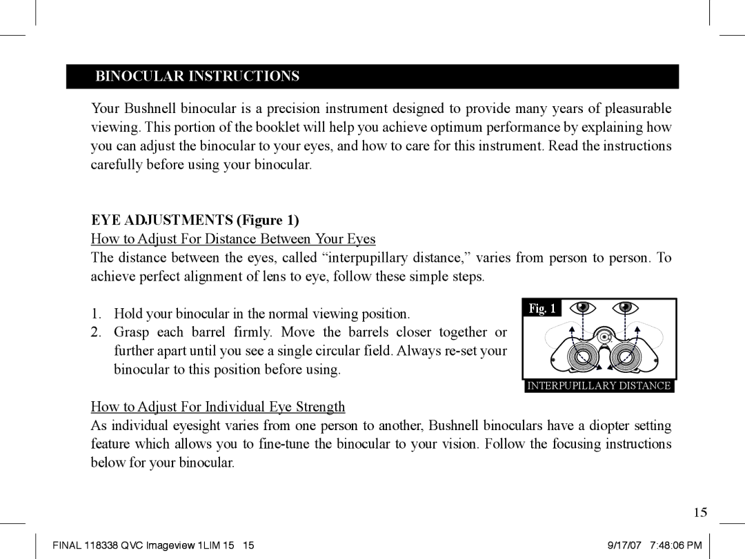 Bushnell 11-8338 instruction manual Binocular Instructions 