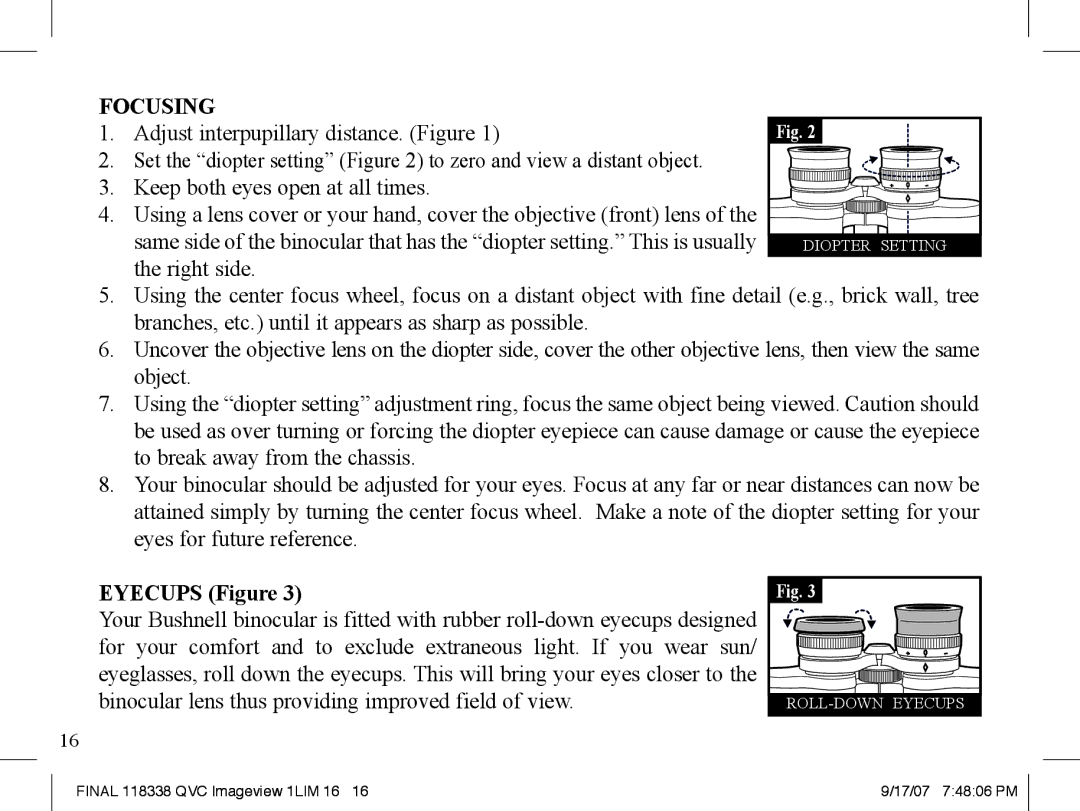 Bushnell 11-8338 instruction manual Focusing 