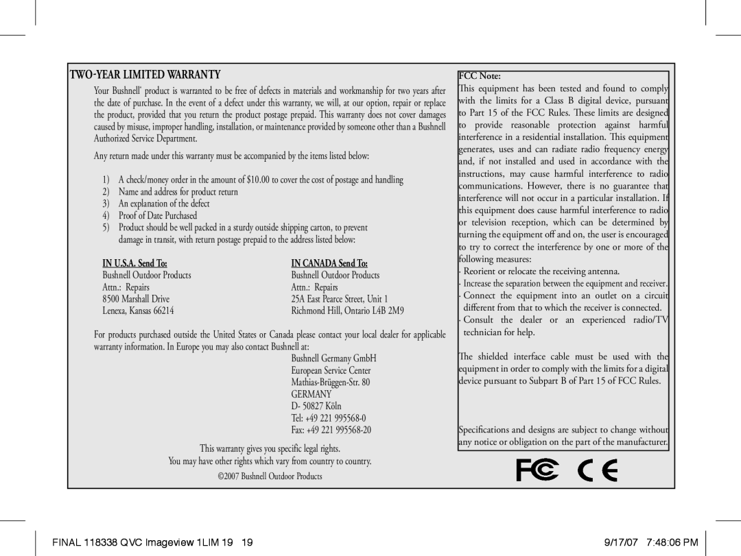 Bushnell 11-8338 instruction manual TWO-Year Limited Warranty 