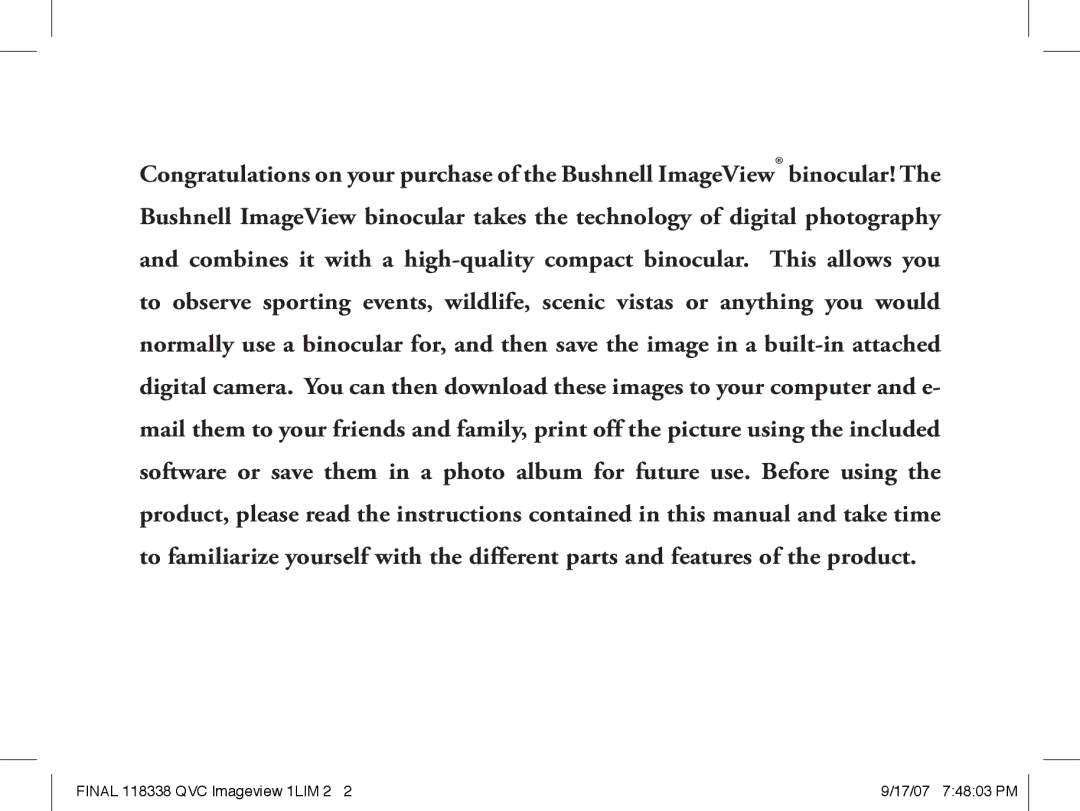 Bushnell 11-8338 instruction manual Final 118338 QVC Imageview 1LIM 2 17/07 74803 PM 