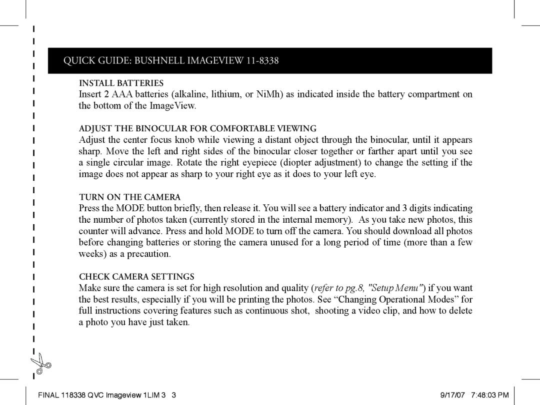 Bushnell 11-8338 instruction manual Quick Guide Bushnell Imageview 