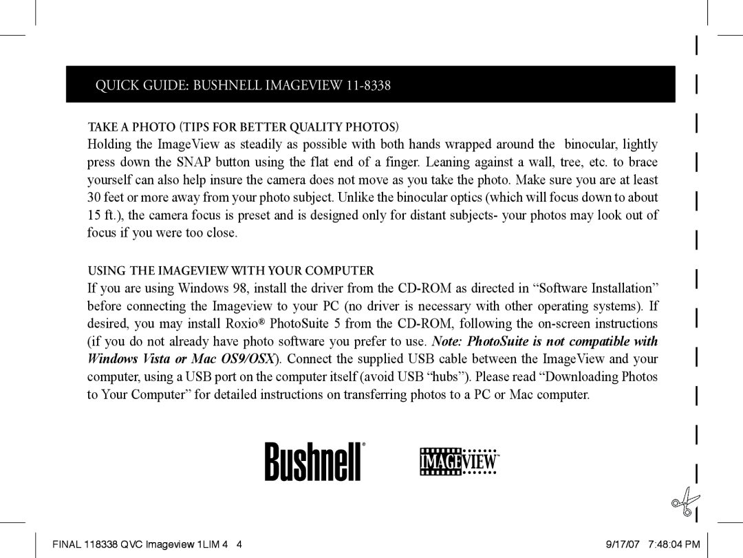 Bushnell 11-8338 instruction manual Using the Imageview with Your Computer 