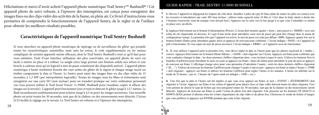 Bushnell instruction manual Guide Rapide Trail Sentry 11-9000 Bushnell 