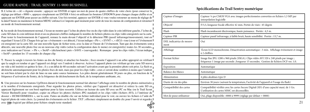 Bushnell 11-9000 instruction manual Spéciﬁcations du Trail Sentry numérique 