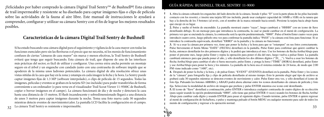 Bushnell 11-9000 instruction manual Guía Rápida Bushnell Trail Sentry 