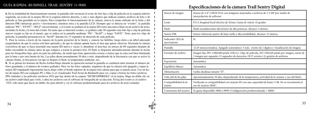 Bushnell 11-9000 instruction manual Especiﬁcaciones de la cámara Trail Sentry Digital, Formato de archivo 