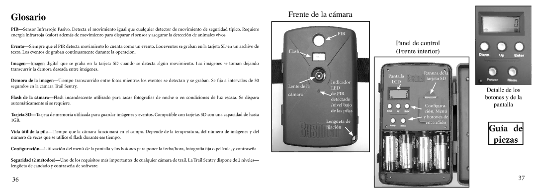 Bushnell 11-9000 instruction manual Glosario, Frente de la cámara 