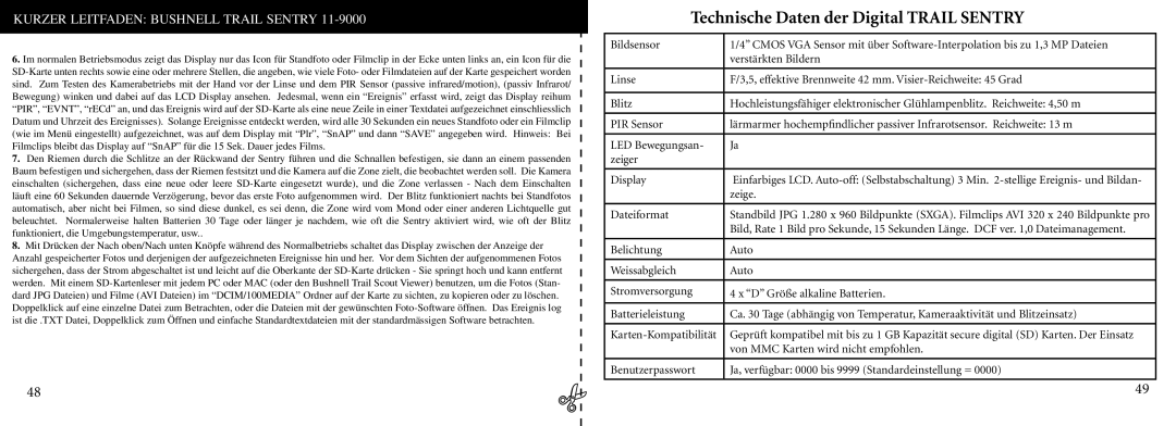 Bushnell 11-9000 instruction manual Technische Daten der Digital Trail Sentry, Dateiformat 