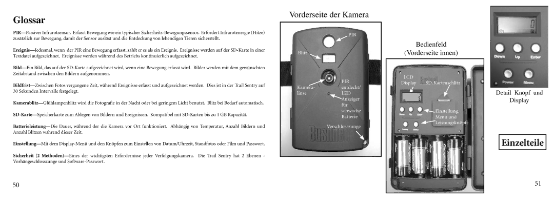 Bushnell 11-9000 instruction manual Glossar, Vorderseite der Kamera 