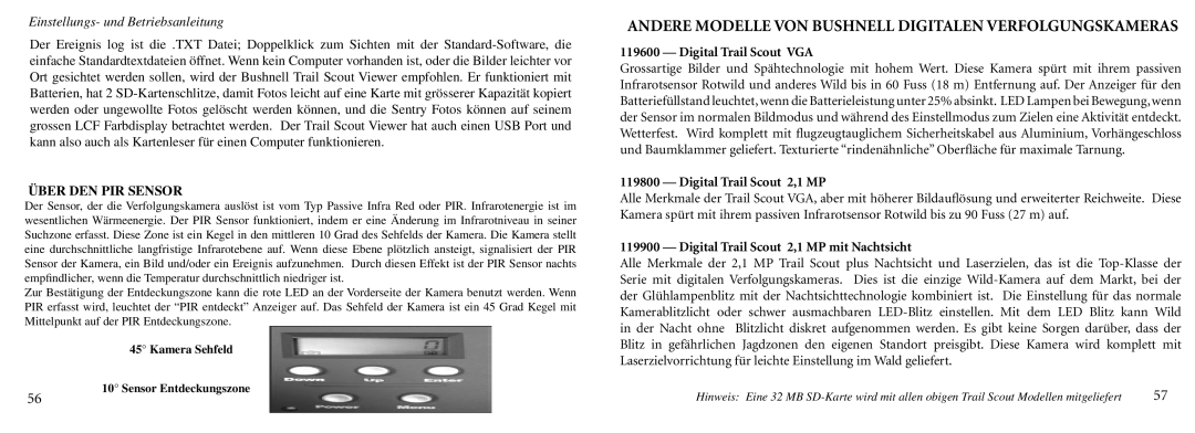 Bushnell 11-9000 instruction manual Andere Modelle VON Bushnell Digitalen Verfolgungskameras 