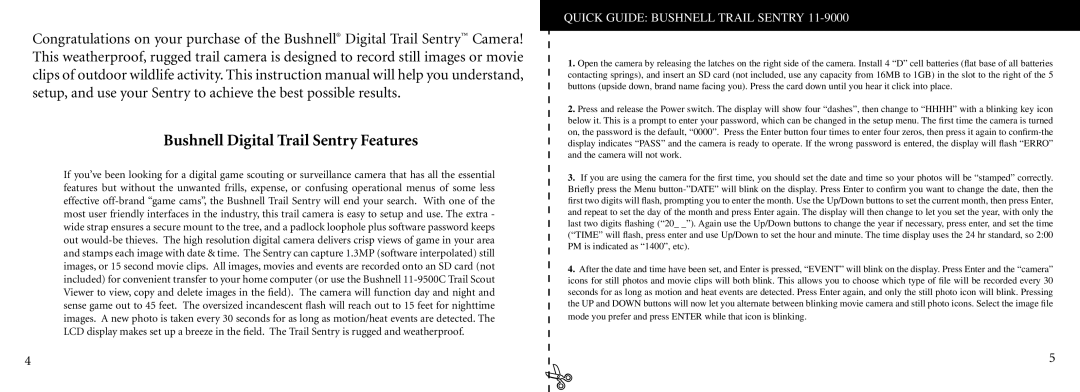 Bushnell 11-9000 instruction manual Bushnell Digital Trail Sentry Features, Quick Guide Bushnell Trail Sentry 