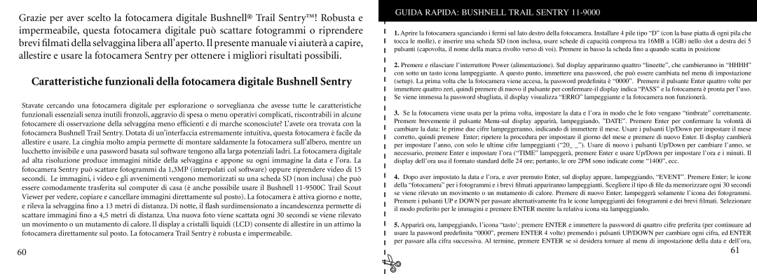 Bushnell 11-9000 instruction manual Guida Rapida Bushnell Trail Sentry 