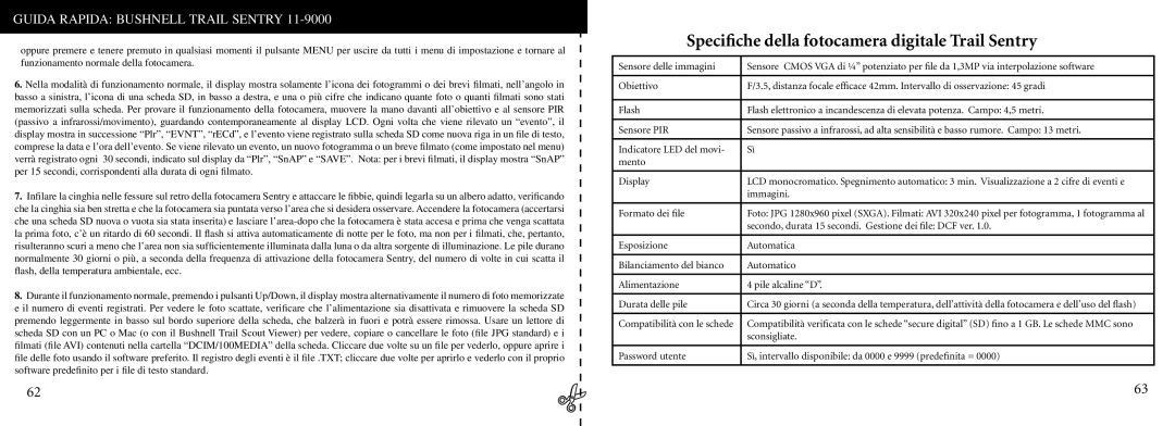 Bushnell 11-9000 instruction manual Speciﬁche della fotocamera digitale Trail Sentry 