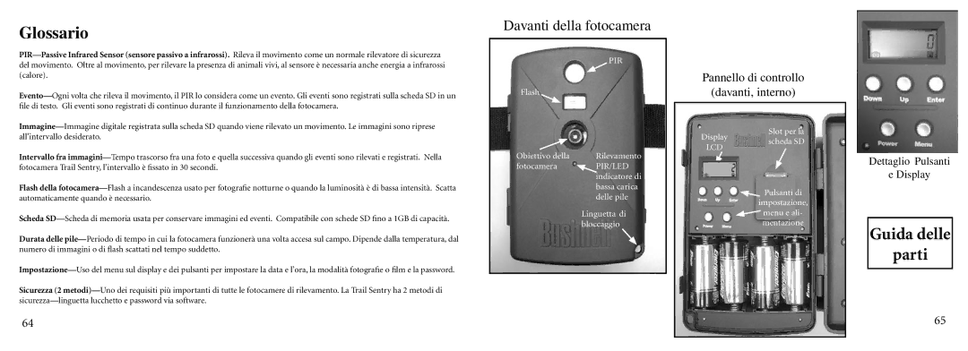 Bushnell 11-9000 instruction manual Glossario, Davanti della fotocamera 