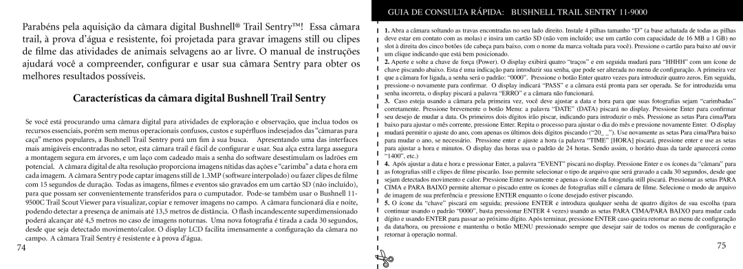 Bushnell 11-9000 Características da câmara digital Bushnell Trail Sentry, Guia DE Consulta Rápida Bushnell Trail Sentry 