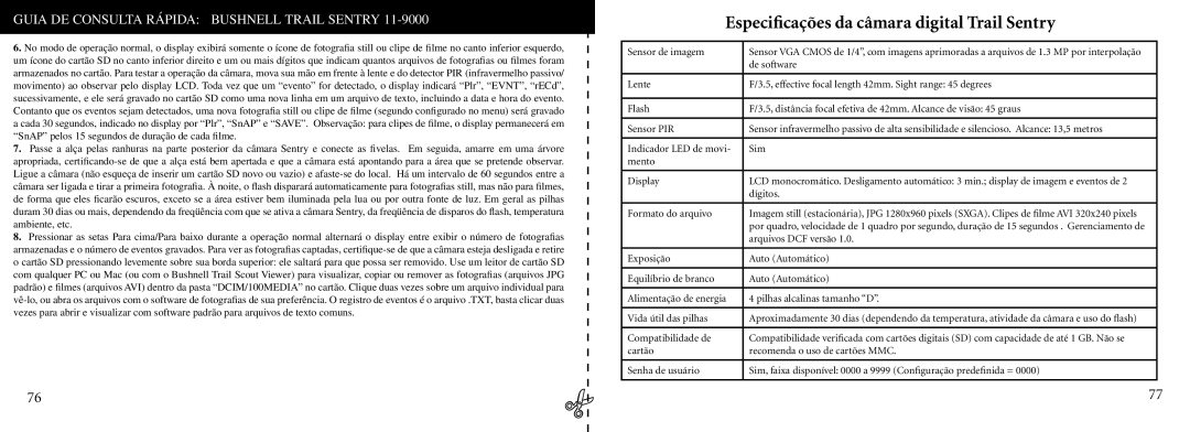 Bushnell 11-9000 instruction manual Especiﬁcações da câmara digital Trail Sentry, Formato do arquivo 