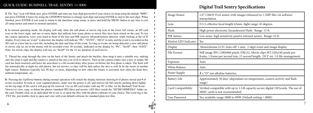 Bushnell 11-9000 instruction manual Digital Trail Sentry Speciﬁcations 