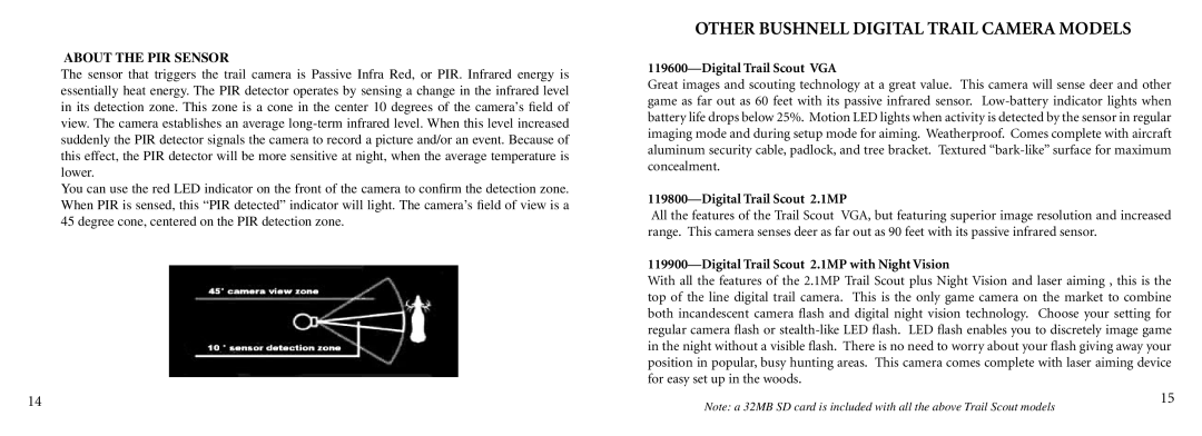 Bushnell 11-9000 instruction manual Other Bushnell Digital Trail Camera Models 