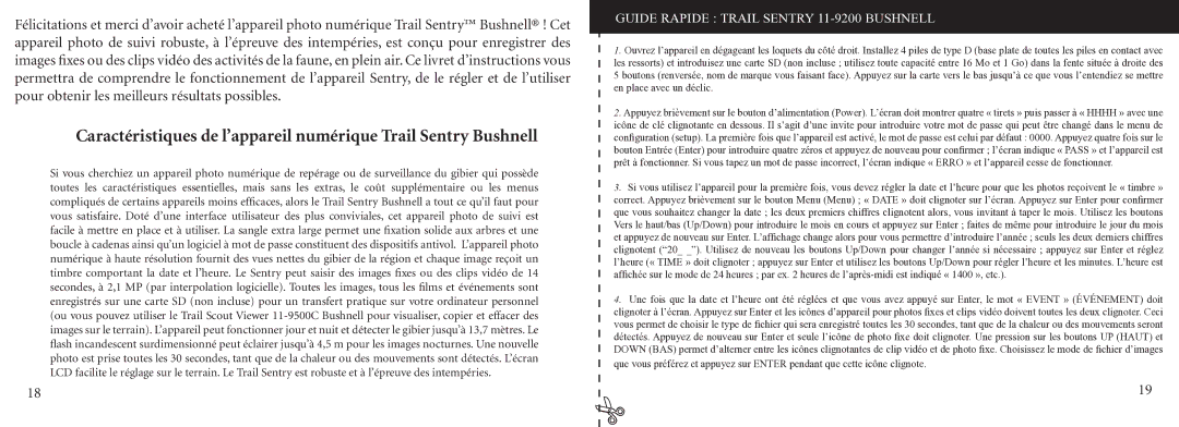 Bushnell instruction manual Guide Rapide Trail Sentry 11-9200 Bushnell 