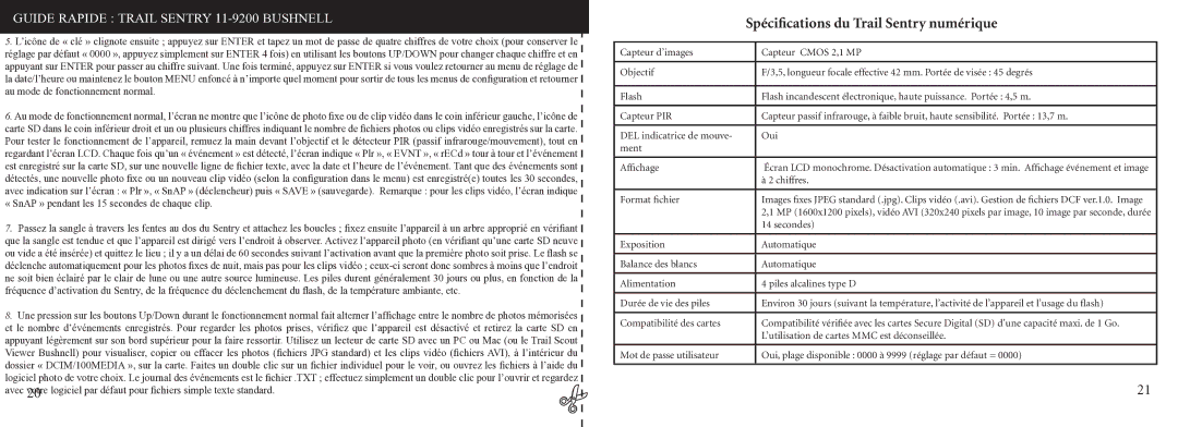 Bushnell 11-9200 instruction manual Spéciﬁcations du Trail Sentry numérique 