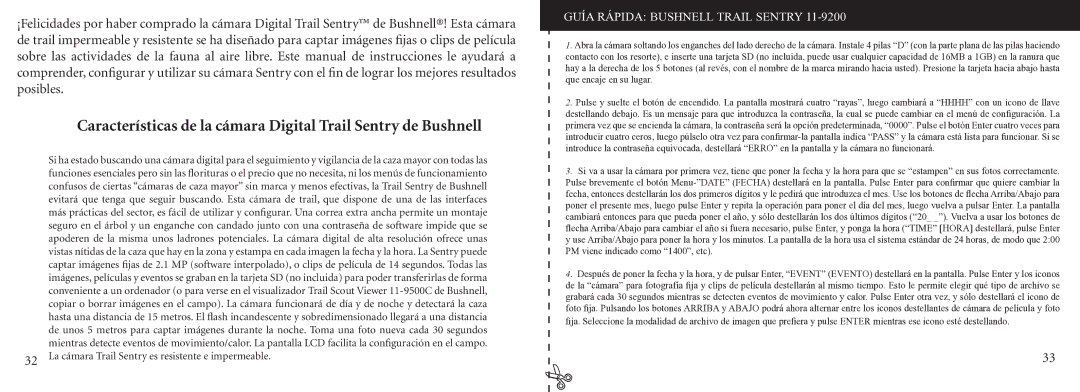 Bushnell 11-9200 instruction manual Guía Rápida Bushnell Trail Sentry 