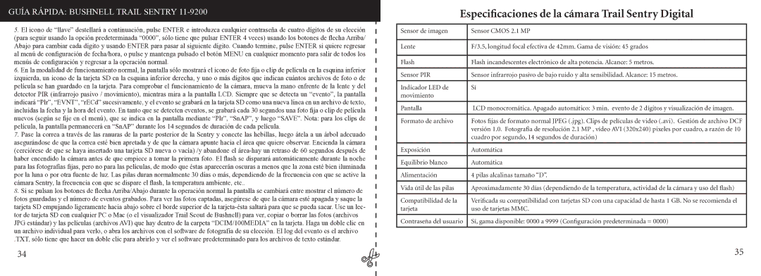 Bushnell 11-9200 instruction manual Especiﬁcaciones de la cámara Trail Sentry Digital, Formato de archivo 