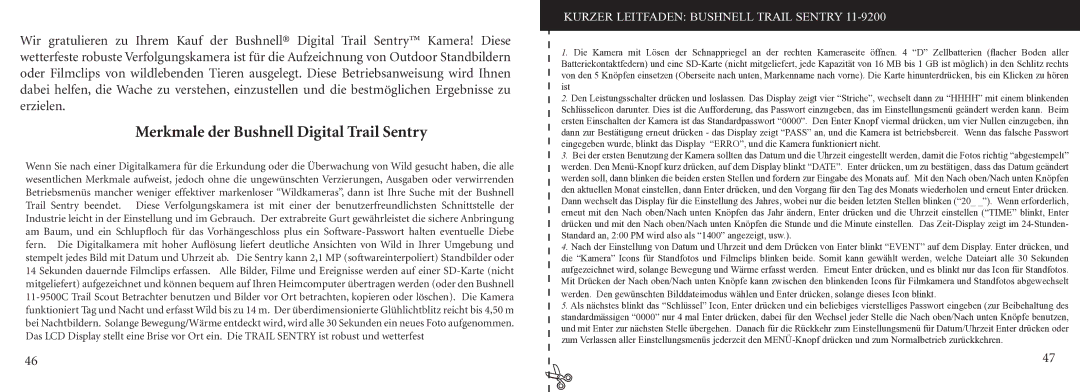 Bushnell 11-9200 instruction manual Merkmale der Bushnell Digital Trail Sentry, Kurzer Leitfaden Bushnell Trail Sentry 