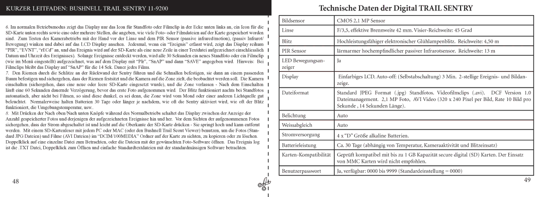 Bushnell 11-9200 instruction manual Technische Daten der Digital Trail Sentry 